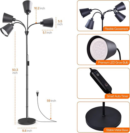 Bstrip Grow Lights for Indoor Plants, 4 Head Floor Grow Light Stand with Flexible Gooseneck, 3800K