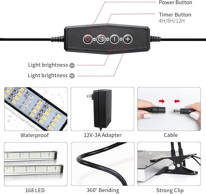 GooingTop Grow Light 100W 6000K, Super Bright White Desktop Clip Plant Lamp for Seedlings