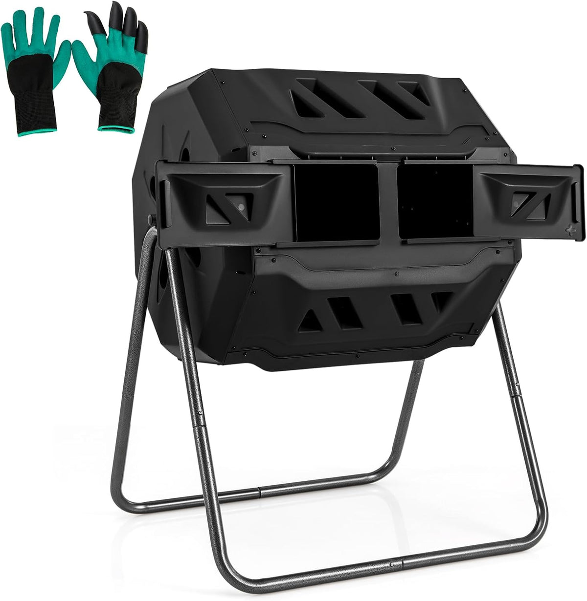 Goplus Compost Bin, Outdoor 42-Gal Dual Chamber Composting Tumbler w/2 Sliding Doors, Heavy-Duty