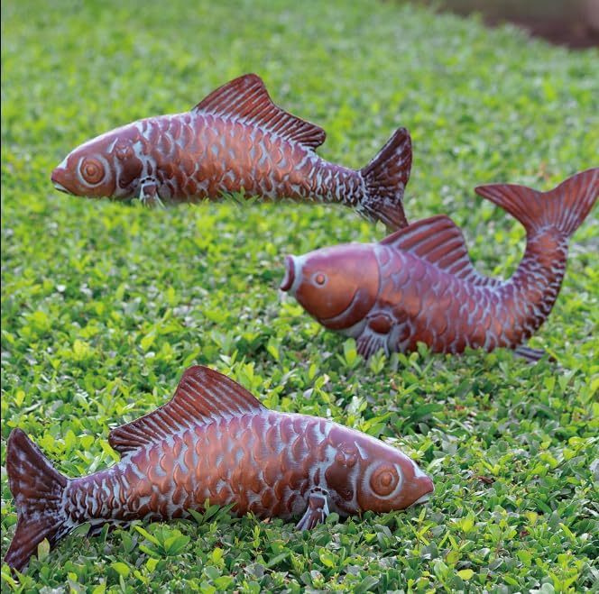 Set of 3 Outdoor Garden Koi Fish Sculptures & Statues Antique Copper Fish Yard Décor, Metal Koi