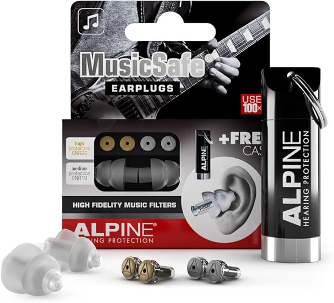 Alpine MusicSafe - High Fidelity Earplugs for Musicians - 2 Interchangeable Filter Sets: 19 & 22 dB