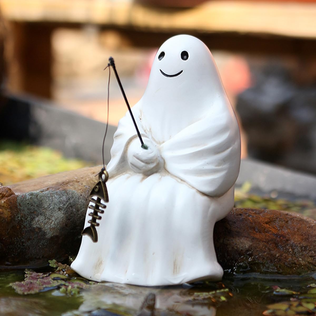 Fishing Ghost Statue Funny Halloween Decorations, 3.35 Inch Cute Sitting Ghost Figurine Shelf