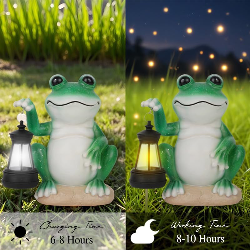 Frog Garden Statues with Solar Lantern, Outdoor Figurine Resin Sculpture Hanging Solar Power Lights