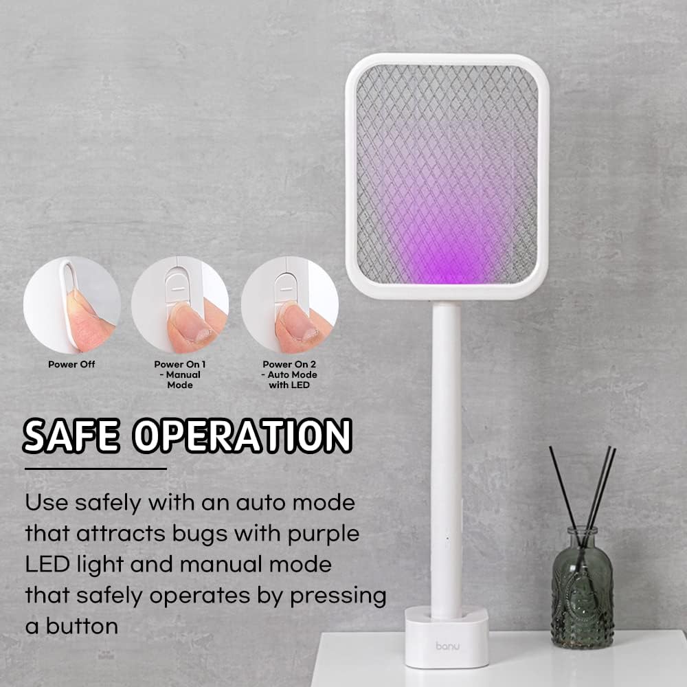 BANU Electric Fly Swatter Bug Zapper Racket, 180-Degree Folding, Adjustable 2-in-1 Mosquito Killer
