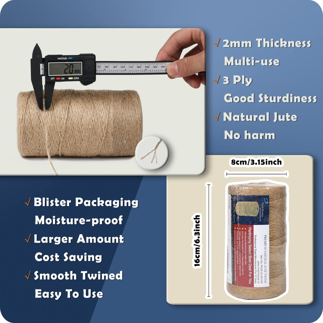 PerkHomy 1100FT Jute Twine String 2mm 3ply Natural Thin Twine for Craft Gardening Gift Wrapping