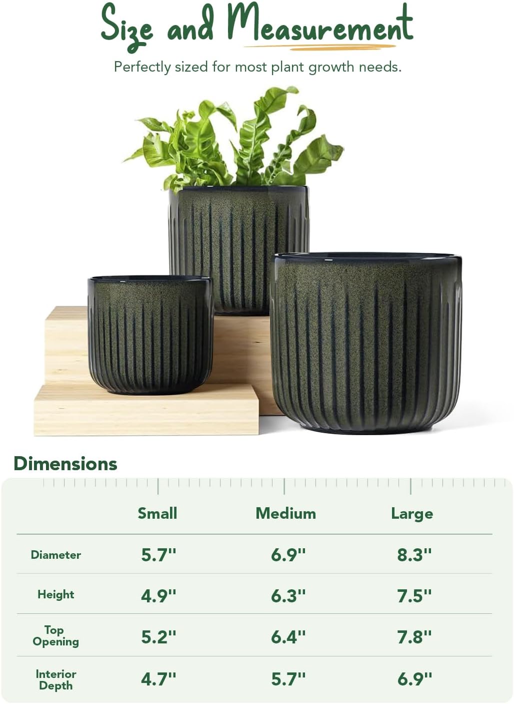 LE TAUCI Fluted Ceramic Planters Set of 3 – 8.3/7 / 5.7 in Dark Olive Reactive Cylinder Indoor