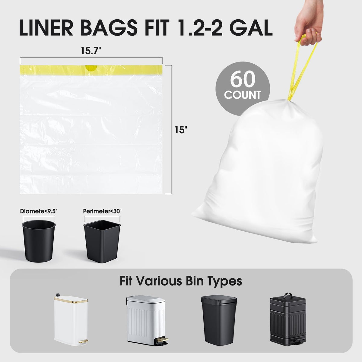 CEROELDA 1.6 Gallon Small Trash Bags, 60 Count Mini Drawstring Garbage Bags Unscented fit 4.5-8