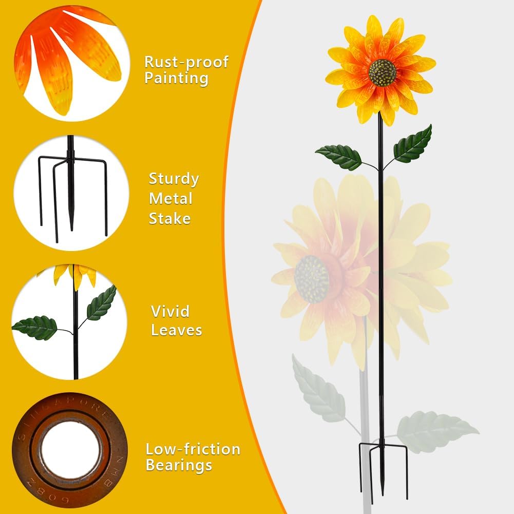 Viveta Sunflower Outdoor Wind Spinner, 4 Layers Metal Wind Spinners, Decorative Pinwheels for Yard