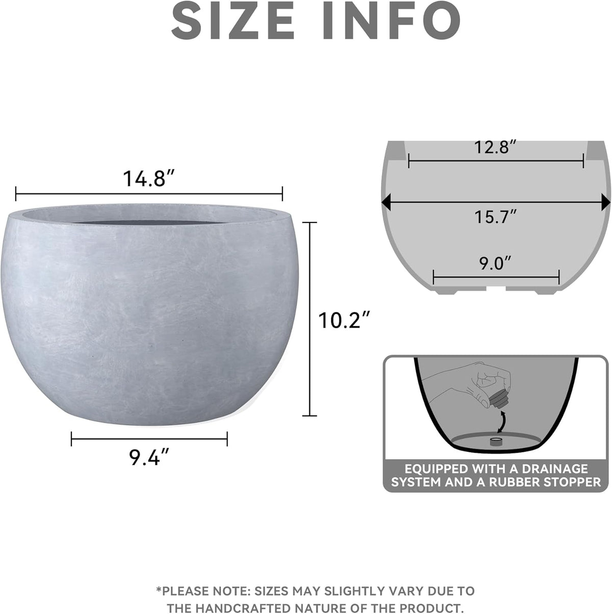 Kante 15.7" Dia Round Concrete Planter, Outdoor/Indoor Large Bowl Plant Pots with Drainage Hole and