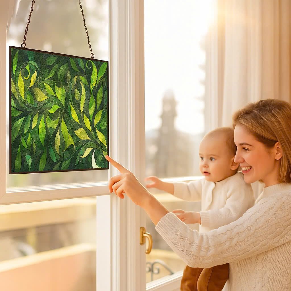 Personalized Rectangle Green Grass Stained Glass Window Hanging Sun Catcher Halloween Haning