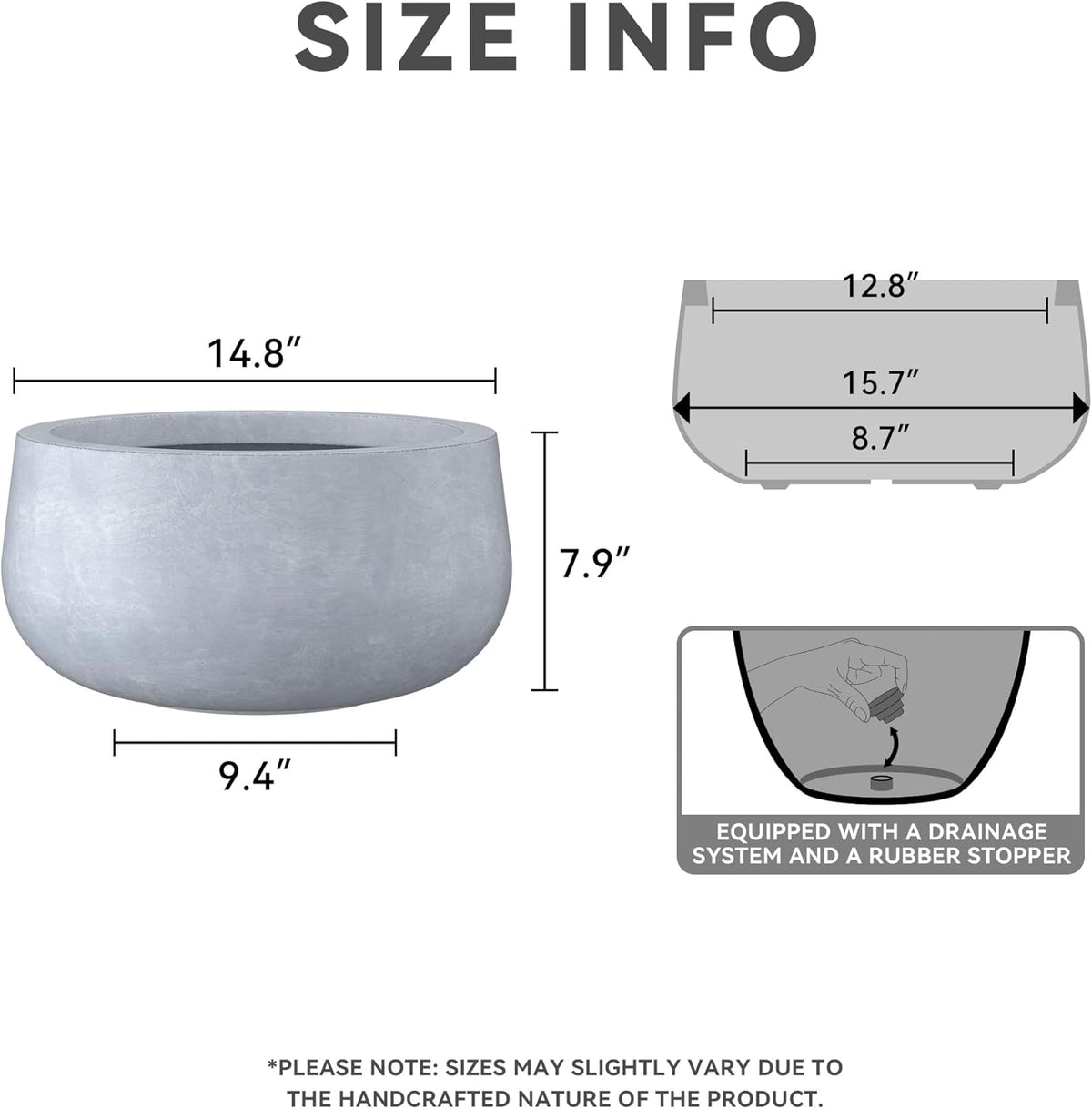 Kante 15.7" Dia Round Concrete Planter, Outdoor Indoor Garden Plant Pots with Drainage Hole and