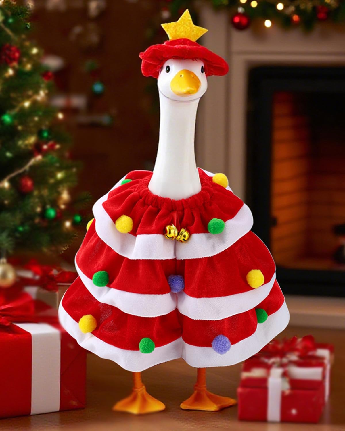 Christmas Porch Goose Outfits with Bells, 2 Pcs/Set Lawn Cement Goose Clothes, 23" Patio Yard