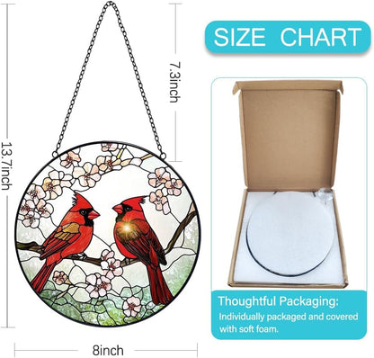 Cardinal Suncatcher Stained Glass Window Hanging - 8” Stained Glass Suncatchers for Windows - Sun