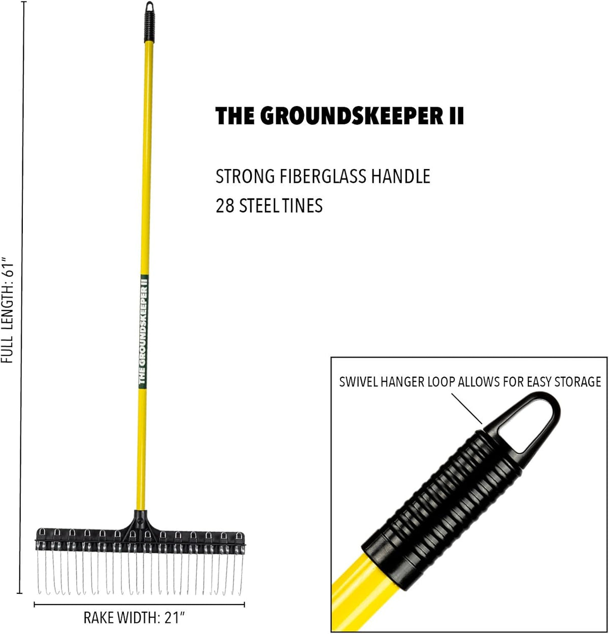 THE GROUNDSKEEPER II Rake 55-inch Lightweight Fiberglass Handle, 21-inch Head, Durable Steel Tines