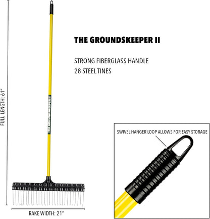 THE GROUNDSKEEPER II Rake 55-inch Lightweight Fiberglass Handle, 21-inch Head, Durable Steel Tines