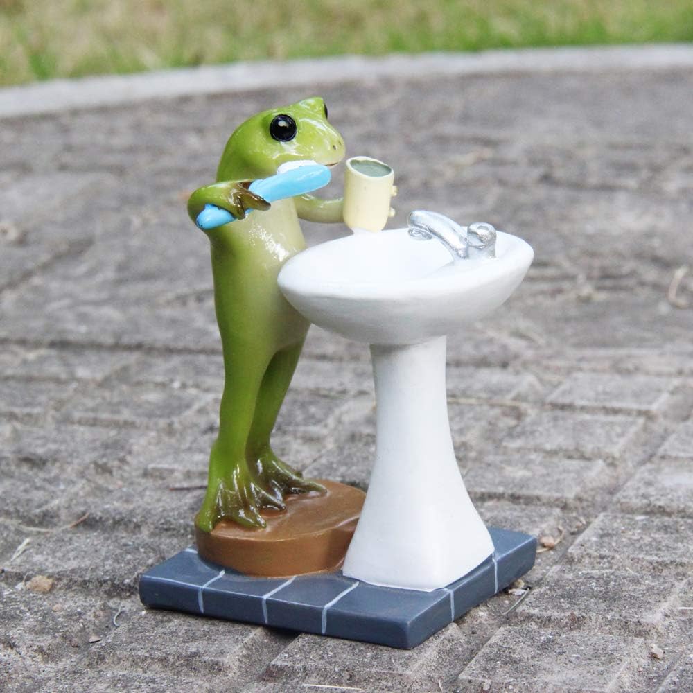 Tfro & Cile Frog Garden Statue Decor Miniature Animal Figurine Outdoor Fairy Brushing Teeth