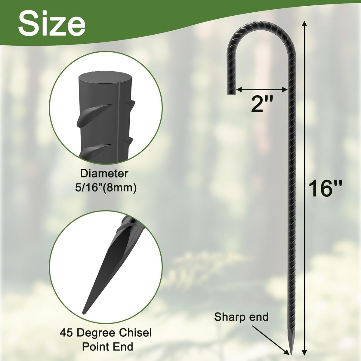 Rebar Stakes 16 inch, Heavy Duty J Hook Ground Stakes, 5/16 inch Curved Steel Tent Stakes Anti Rust
