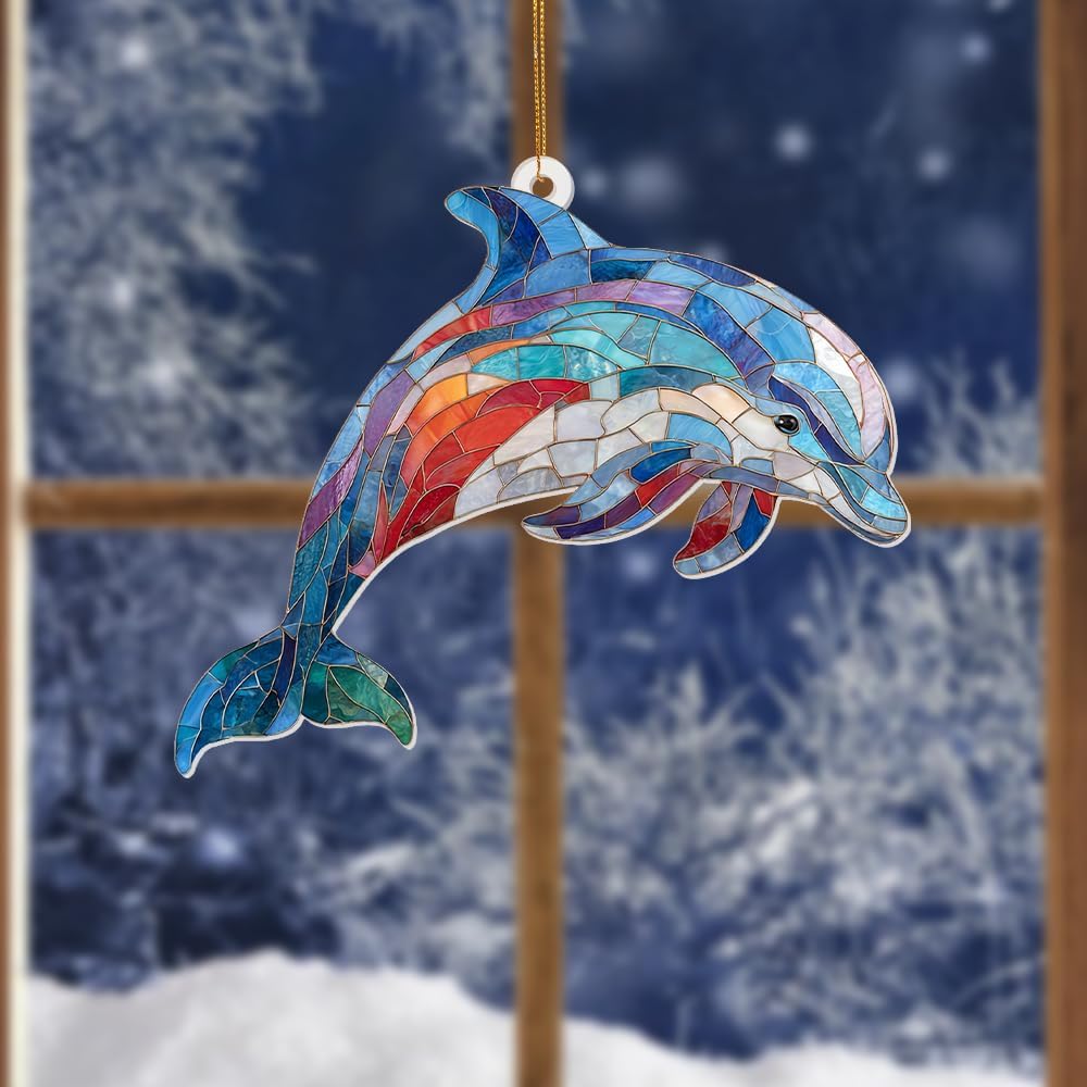Dolphin Stained Glass Ornament, Ocean Marine Life Window Hanging Suncatcher Acrylic Decor, Nautical