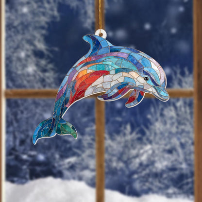 Dolphin Stained Glass Ornament, Ocean Marine Life Window Hanging Suncatcher Acrylic Decor, Nautical