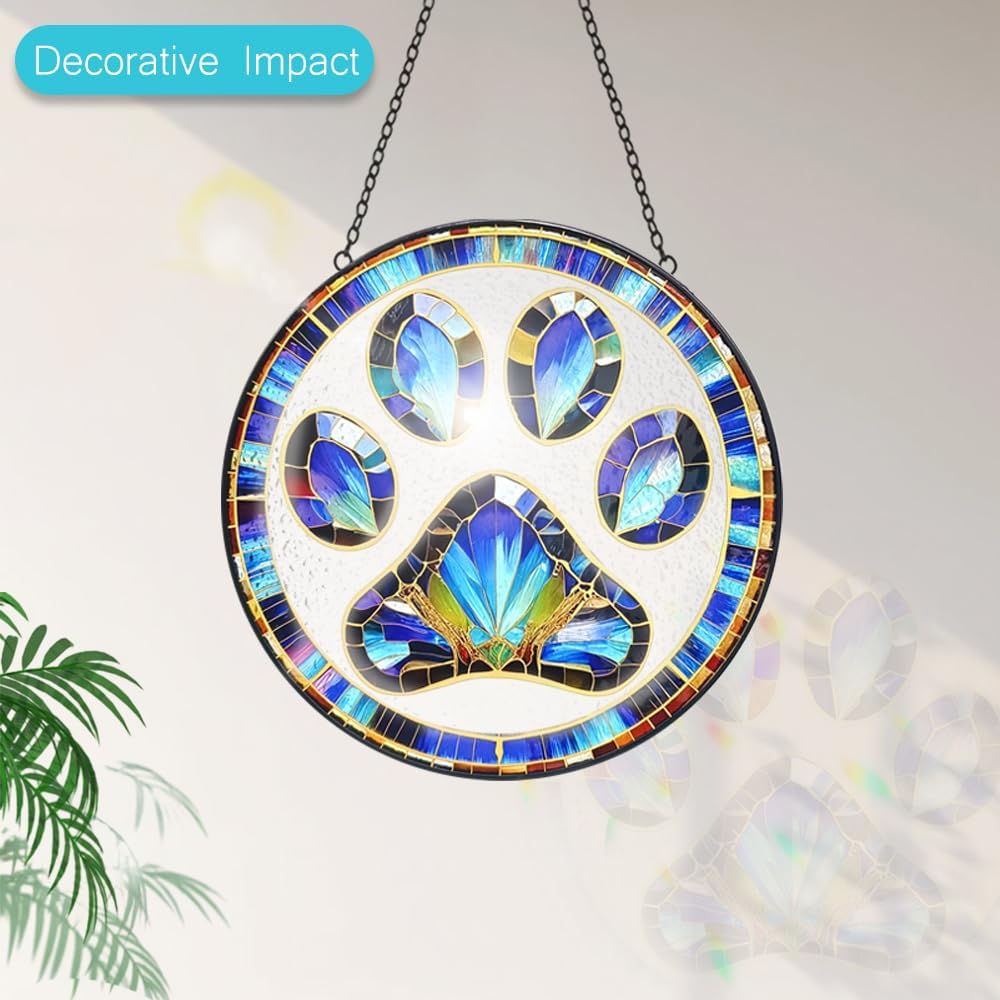 Paw Print Suncatcher Stained Glass Window Hanging - 8” Paw Print Stained Glass Suncatchers for