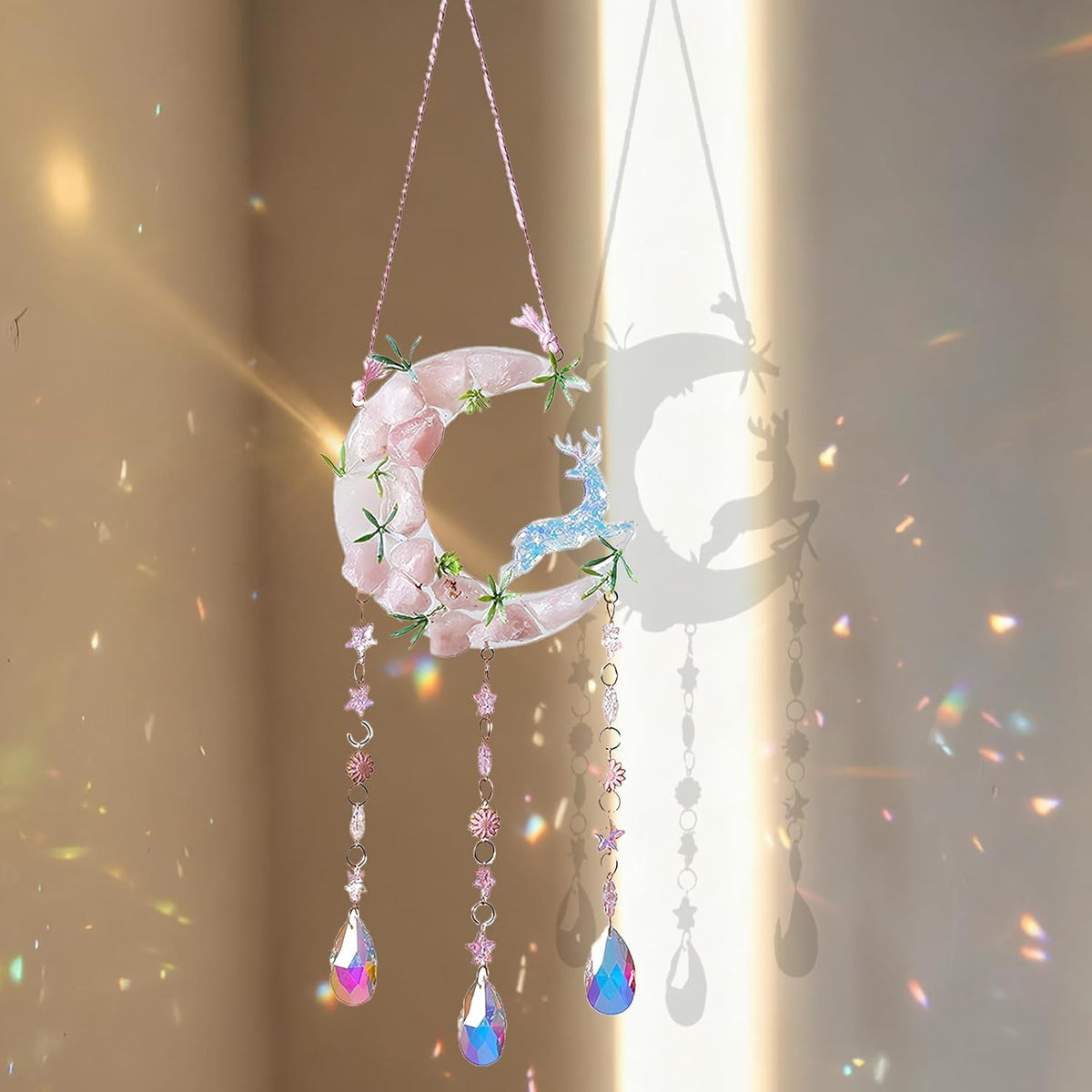 TUOKING Crystal Suncatchers for Window Green Deer Pink Dreamy Crystal Natural Stone Sun Catchers