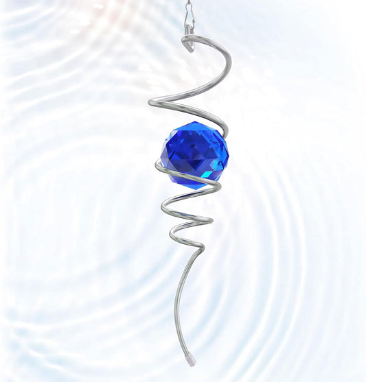 Gazing Ball Spiral Tail Wind Spinner with Sea Blue Crystal Orb, Wind Spinners Stabilizer with