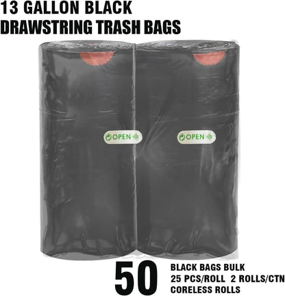 13 Gallon Trash Bags Drawstring, 50 Count Bulk, Black & Unscented Garbage Bags, Multi-purpose Tall