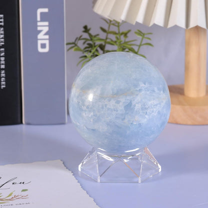 Natural Blue Celestite Crystal Ball with Acrylic Display Base, 81-90mm Polished Stone Feng Shui