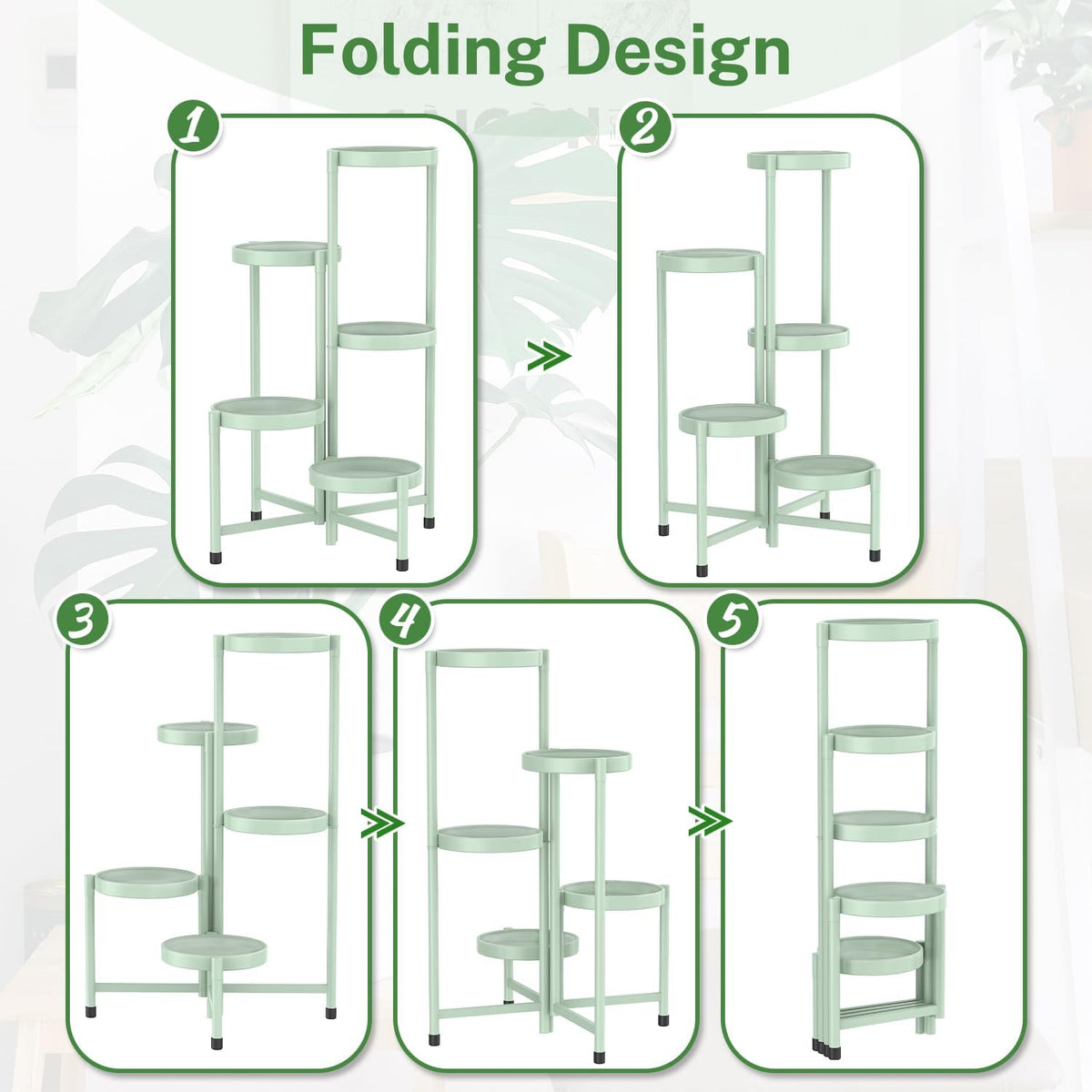 iDavosic.ly Plant Stand Indoor Outdoor, 5 Tier Corner Metal Flower Display Holder Shelf, Folding