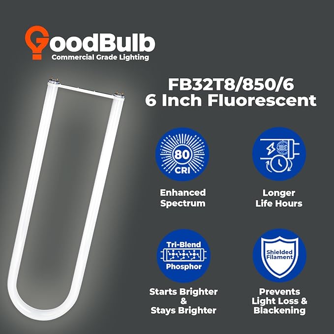 GoodBulb 32 Watt 6 Inch T8 Fluorescent U-Bend Light Bulb 5000K Daylight Medium Bi-Pin Base High