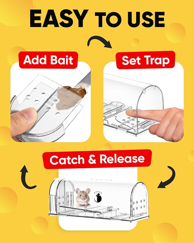 Motel Mouse Humane No Kill Live Catch and Release Mouse Traps, Reusable with Cleaning Brush - 4 Pack