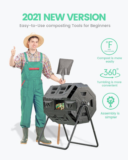 2021 Upgraded Tumbling Composter with Compost Thermometer - Dual Chamber Garden Compost Bin(43 Gal