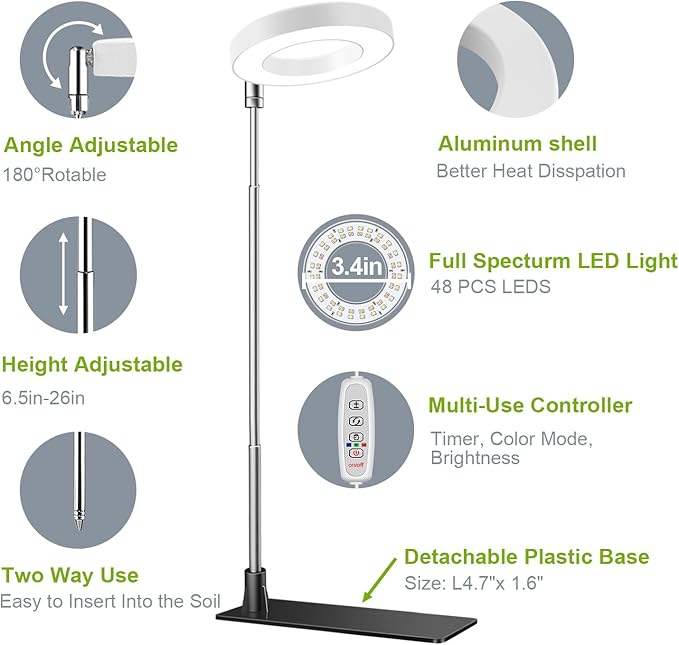 Grow Lights for Indoor Plants, Full Spectrum Halo Growing lamp with Detachable Base, Height