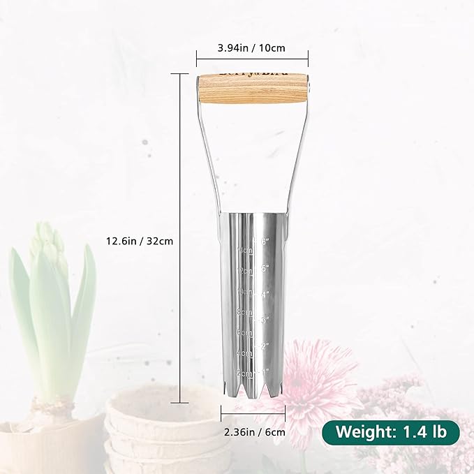 Berry&Bird Garden Bulb Planter with 6 inches Depth Mark, Garden Bulb Transplanter Tool with Wooden