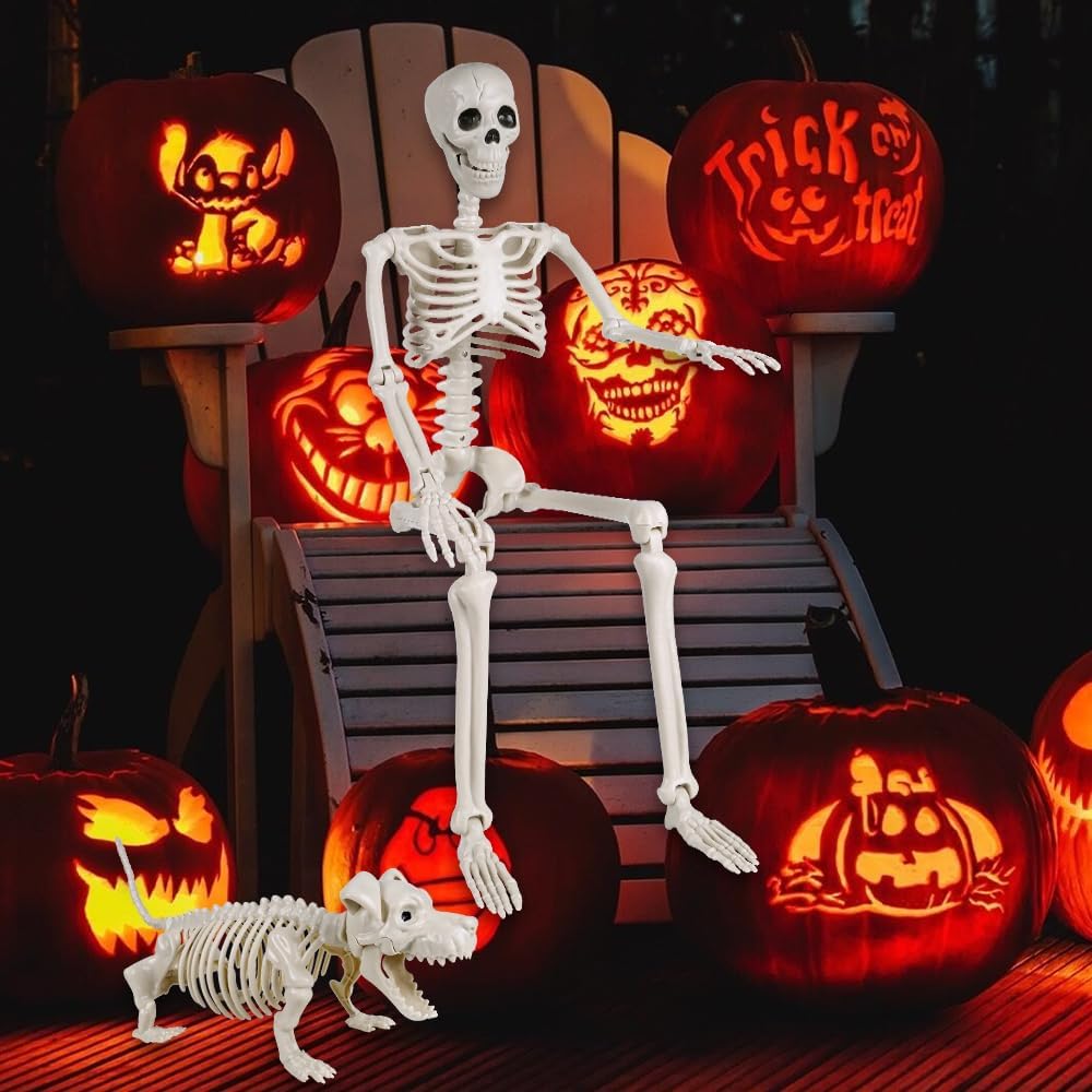 YUJUN 36'' Halloween Skeleton Decoration with Dog Skeleton, 3ft Full Body Posable Skeleton