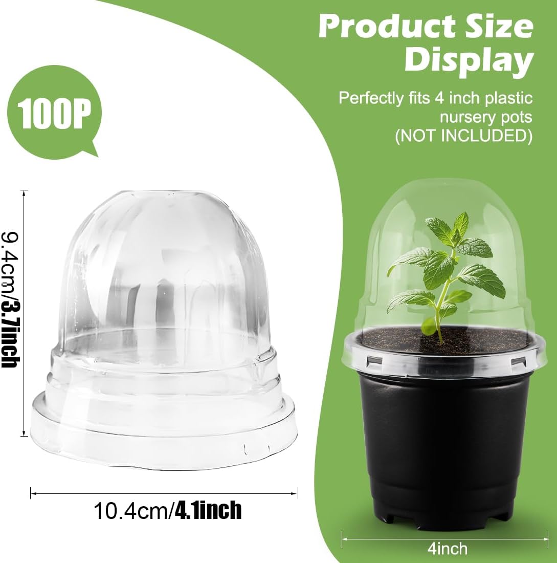 Humidity Domes for 4 Inch Pots, 100 Pack Transparent Plant Dome Covers with Ventilation, Clear