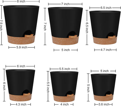 Indoor Self Watering Planters with Drainage Holes and Saucers, 8, 7, 6.5, 6, 5.5, 5 Inches, Black