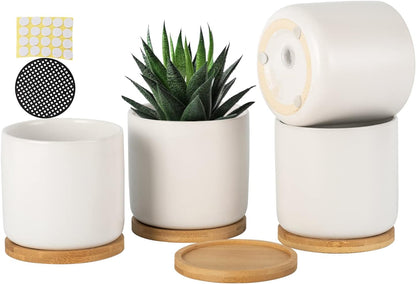 OMAYKEY 4 Inch Ceramic Plant Pot with Saucer, White Planters Pots with Drainage Hole and Mesh Pads