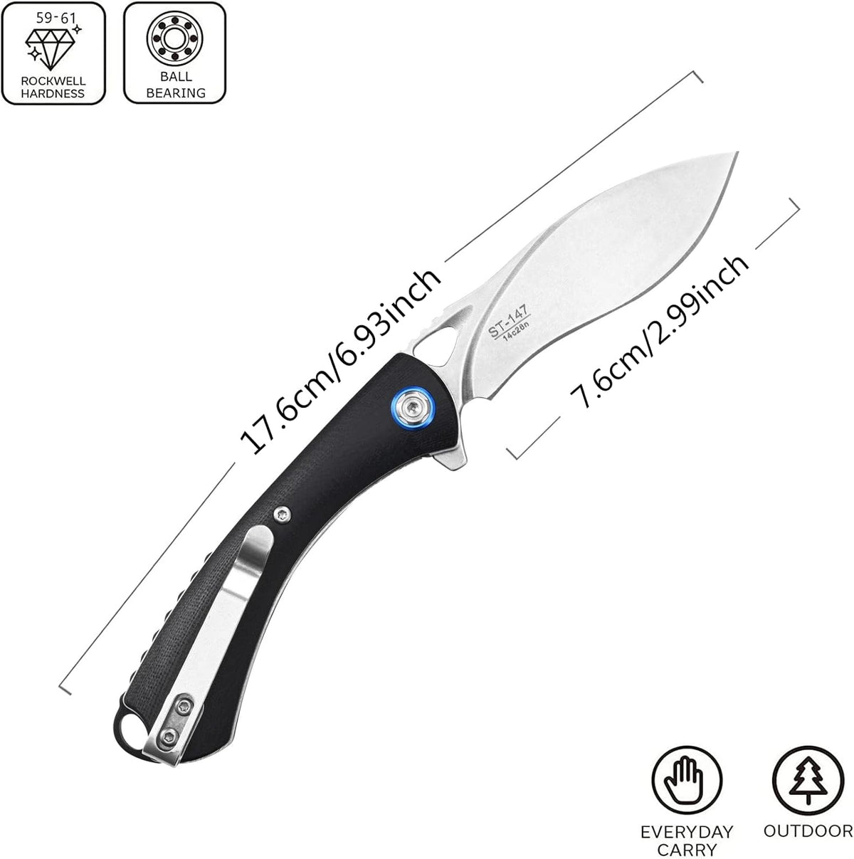 Sitivien ST147 Folding Pocket Knife,14C28N Steel Blade with G10 Handle Utility Knife EDC Tool Knife