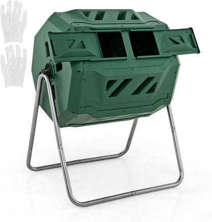 Goplus Compost Tumbler, 43 Gallon Rotating Compost Bin Barrel, Dual Chamber Tumbling Composter with
