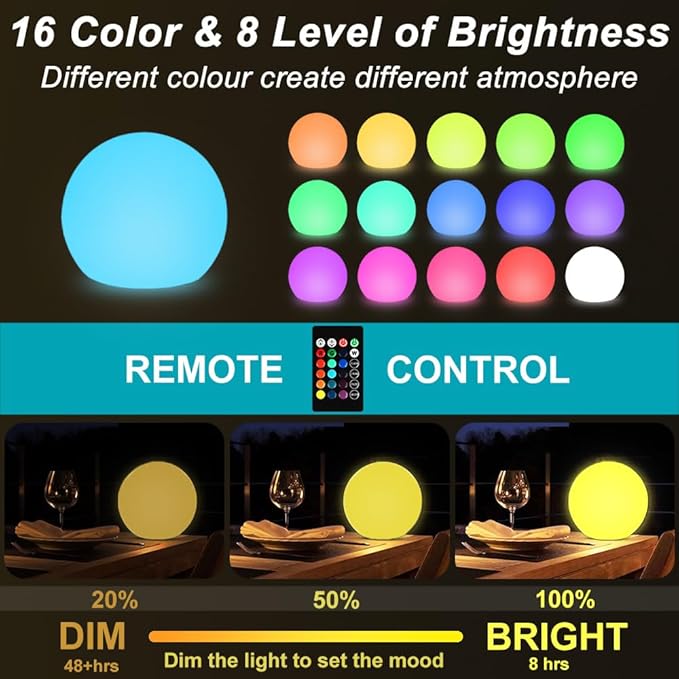 10-in Solar Globe Light, Solar Garden Ball Light Outdoor w/Remote, 16 RGB Color 4 Modes Glowing