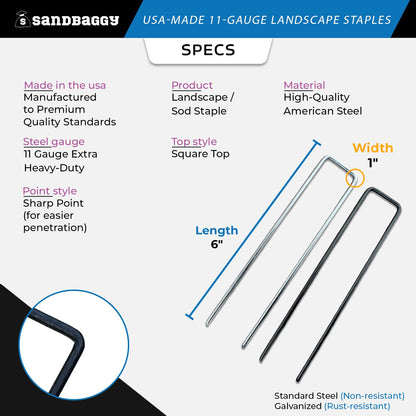 Sandbaggy USA Made 6-inch Landscape Staples - Garden Stakes - Landscaping Fabric, Netting, Sod