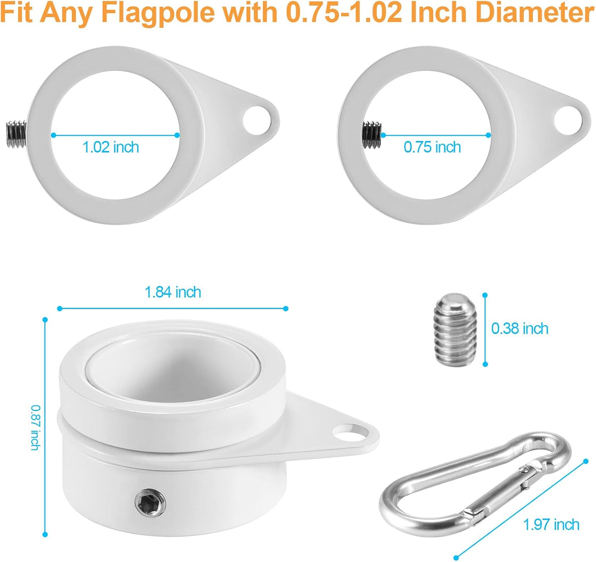 1" White Flag Pole Rings, 2 Pcs Anti Wrap Aluminum Alloy Flag Pole Clips Swivels, 360° Rotating
