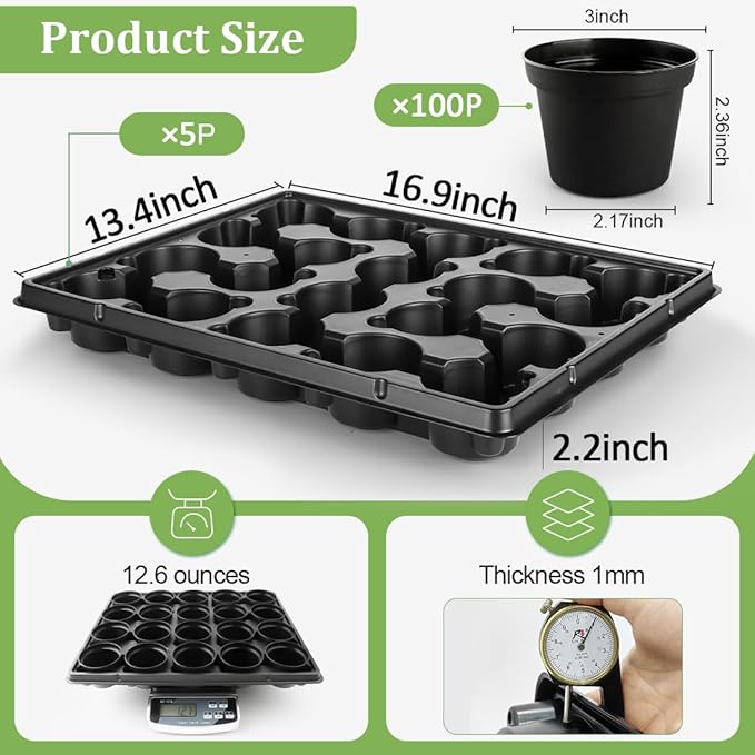 3 Inch Plastic Plant Pots 100 Pcs with 5 Pcs 20 Cell Seed Starter Trays, Thick Black Small Nursery