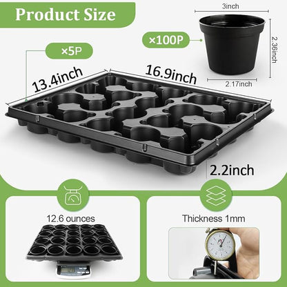 3 Inch Plastic Plant Pots 100 Pcs with 5 Pcs 20 Cell Seed Starter Trays, Thick Black Small Nursery