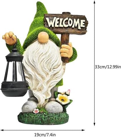 Garden Gnome Statue Outdoor Decor Large Flocked Resin Gnome Figurine with Solar Light Holding