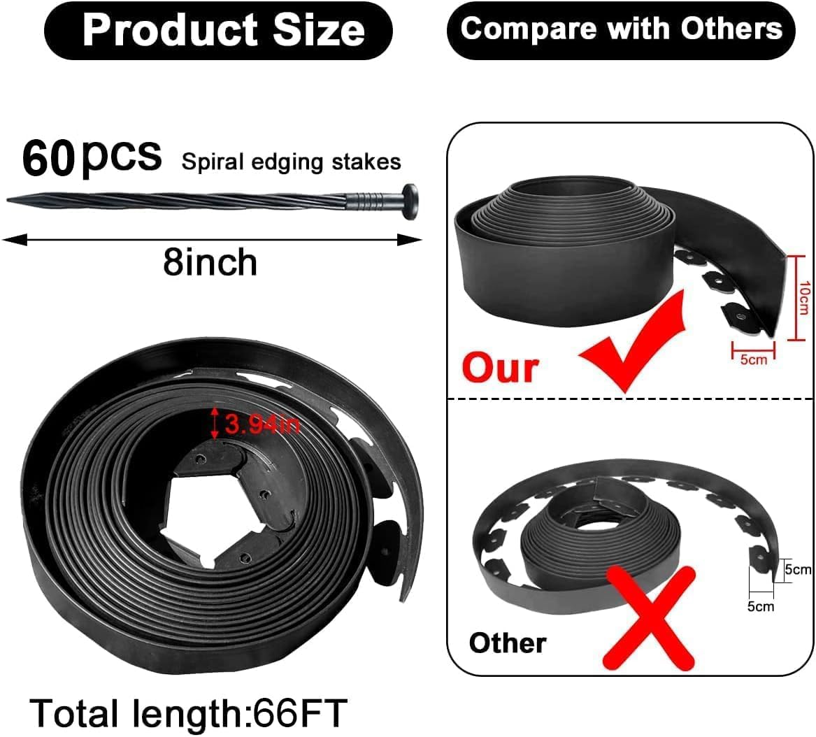 Garden Edging Borders 66FT,Landscape Edging Black[Extra Tall 4IN High] with 60pcs Stakes,Lawn