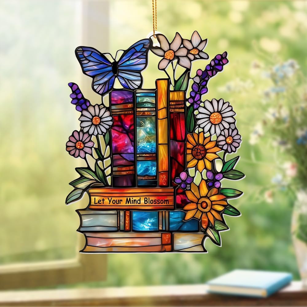 Book Ornament – Stained Glass Style Acrylic Christmas Ornament with,Teacher Back To School Gift