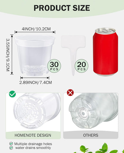 homenote Clear Nursery Pots for Plants,4 Inch Plant Pot for Planting Plastic Seedling with Drainage