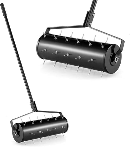 Goplus Rolling Lawn Aerator, 21-Inch Garden Yard Rotary Push Tine Filled Sand Stone, Heavy Duty
